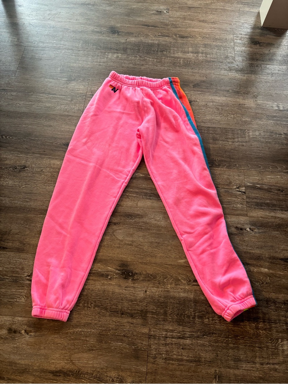 Aviator Nation Neon Pink Fleece Joggers with Blue & Orange Side Stripes